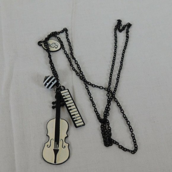 Music Themed Black & White Necklace Violin Cello Viola Keyboard Treble Clef 15" - Picture 7 of 7